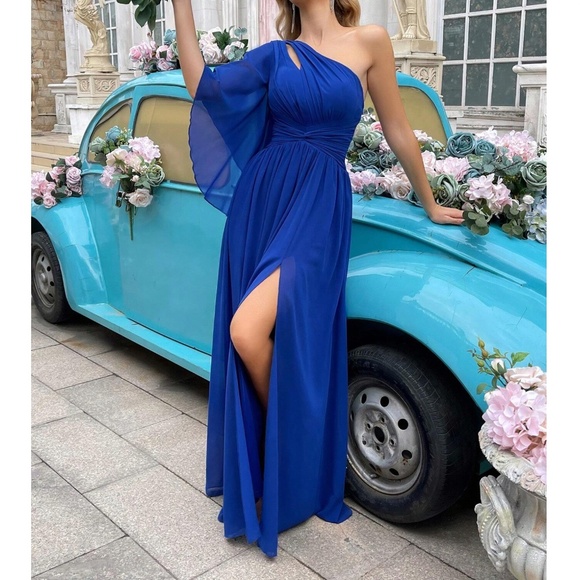 Luxe Royal Blue One Shoulder Party Formal Wedding Dress - Picture 1 of 5